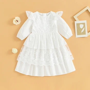 0-24 meses Menina Sólido Vestido Branco, de Manga Longa Vestido de Gola de Renda com Retalhos de Uma Linha de Vestido Infantil Para Meninas