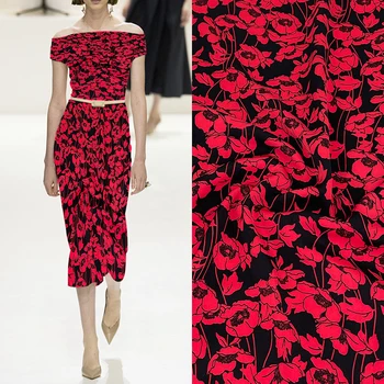 A Base em preto&vermelho Impressão de Flores de Tecido Chiffon pelo Estaleiro,58 cm de Largura de Vestido de Noiva&Cheongsam Tecido&Cachecol&DIY artesanato