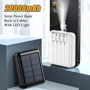 A Energia Solar Banco 20000mAh Portátil Powerbank Com Cabos de Luz LED Carregador de Bateria Externa Poverbank Para o iPhone 12 13 11 Xiaomi
