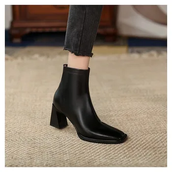 Ankle Boots para as Mulheres da Praça de Toe Sapatos da Moda Outono Inverno Botas Curtas Zíper Praça Saltos Confortáveis Sapatos de Senhora