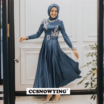 Apliques Cetim Muçulmano Noite Vestido De Manga Longa, Com Gola Alta, Hijab Islâmica De Baile, Festa Formal Vestido De Árabe De Dubai Vestes De Soirée
