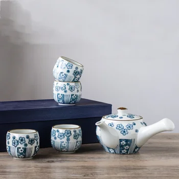 Cerâmica de Café, Conjunto de Chá Japonês Azul e a Branca da Porcelana do Amor de Utensílios Criativos 1 Pote 4 Xícaras Caixa de Presente da Família de Bar Copos