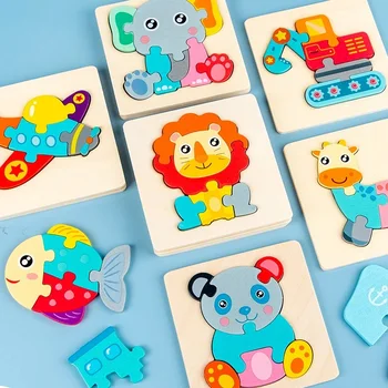 Colorido quebra-Cabeças de Madeira de desenho animado Animais de Educação para o Bebê Meses de Brinquedos Tangram Jigzaw Cognitivo Brinquedos Madeira
