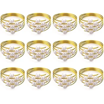 Conjunto de 12 de Ouro, Pérolas, Anéis de Guardanapo Casamentos Favores Guardanapo, Anéis de Guardanapo para a Mesa de Jantar Pérola Guardanapo Fivelas Anéis
