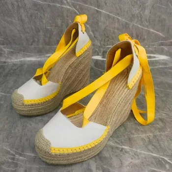 Designer de Lona Sandálias de Cunha Sapatos de Ballet, estilo de Dedo do pé Redondo no Tornozelo Envoltório Laço Slingbacl Casual sapatos Mulheres