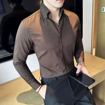 Estilo britânico, V-pescoço Camisa Listrada para Moda masculina Sexy Manga Longa Camisa Casual de Alta qualidade Slim Social Empresarial, Vestido de Camisa