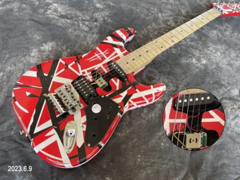 Guitarra elétrica Relíquia Listras Preto Whie E Fundo Vermelho SSH Captadores Peças cromadas braço em Maple E Escala