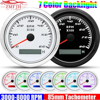 Impermeável Auto Carro 0~6000 RPM 85MM Tacômetro 7 Cores LED 3000/4000/7000/8000 RPM Tacômetro Universal Barco da Marinha de 12V 24V