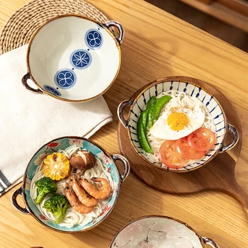 Japonês Família Macarrão Tigela de Cerâmica Sopa BowlSalad Massas Tigela Com Alça de Cozinha, de Louça Microondas Bakware 7,5 polegadas