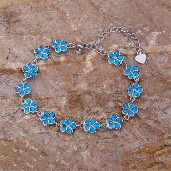Luxo Azul Opala Pedra Engajamento Bracelete Bonito Feminino Plumeria Flor Da Cadeia De Pulseiras Para Mulheres Boho Cor Prata Jóias Presentes