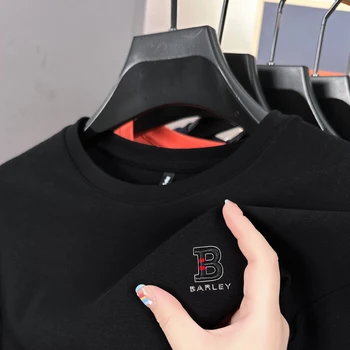 Luxo Bordado 97% Algodão T-shirt Para Homens 2023 Outono de Novo O Pescoço de Cor Sólida Manga Longa coreano Desportos Casuais Roupas masculinas