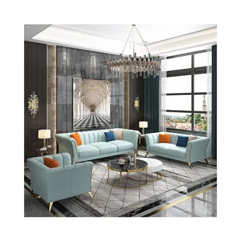 Luxo sofá conjunto de móveis de aço inoxidável sofás da sala de estar lugares sofá de couro azul