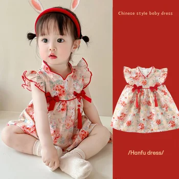 Menina de Vestido de Verão, Novas Roupas de Bebê Adorável Coelho Impresso Cheongsam para Menina Roupas de Crianças