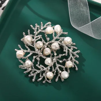 Moda Feminina De Cristal Branco Pérola Coral Broches Para As Mulheres De Luxo, Cor De Prata Liga Rodada Broche De Pinos De Segurança