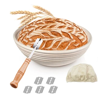 Natural de Vime, Cesta de Vime para a Massa de Fermentação com Cortador de Pão 30cm Redondas e Ovais em Forma de Baguete de Pão francês Banneton