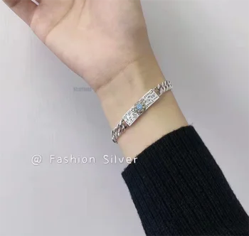 Nova moda coreana azul Zircão letra grossa cadeia de mão, enfeites de hip hop feminino bracelete de guarantee100% S925 Prata Esterlina