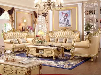 Novo estilo Europeu de madeira maciça entalhada couro genuíno 123 combinação de sofá de tamanho apartamento de alto luxo móveis da sala s