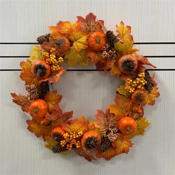 Outono Porta De Grinalda De Natal, Decoração De Halloween Abóbora Berry Pinha Maple Artificial Coroa De Flores De Pano De Vime, Material De Casa
