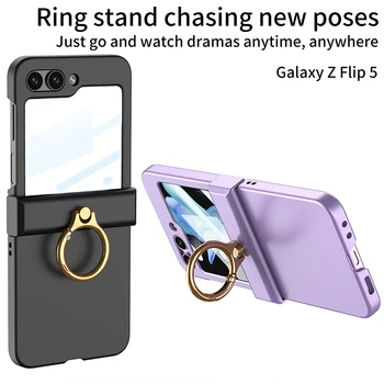 Para Samsung Galaxy Z Flip 5 Flip5 Caso Luxo Matte Dobradiça de Tudo incluído, Com Vidro Temperado de Anel de Dobramento à prova de Choque, Capa Dura