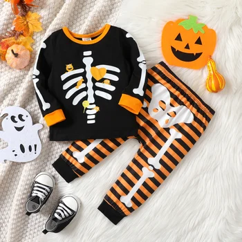PatPat Halloween 2pcs de Bebê de Menino/Menina Esqueleto de Impressão Mangas compridas Conjunto