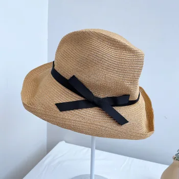 Plissado chapéu de cânhamo de Manila chapéu de palha das Mulheres os Japoneses de proteção contra o sol, chapéu Versátil bacia do chapéu Arco nó pressionado plissado chapéu