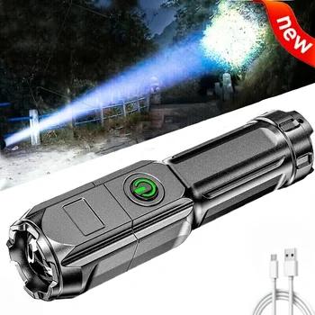 Poderoso Zoomable Lanterna Recarregável USB Lanterna Impermeável Tocha Multi-funcional Lanterna Portátil com Bateria