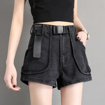 Preto Shorts Jeans para Mulheres 2023 Moda de Verão de Design Retrô de Cintura Alta Slim Y2k coreano Solta Uma linha de Shorts Ocasionais de Chique e Elegante