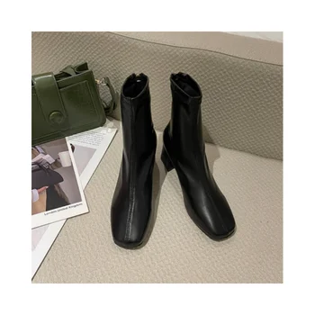 Sapatos Para as Mulheres Dedo do pé Quadrado Curto Botines Estilo Britânico Bonito Grosso Calcanhar Elástica de Alta Botas femininas Moda Casual Ankle Boots