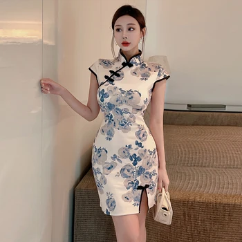 Senhora Francesa Elegante Qipao Mulheres De Estilo Chinês Com Estampa Floral Cheongsams Moda Sexy Mini Vestido Bodycon Vestido De Festa Vestidos