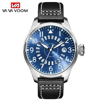 VA VA VOOM Piloto de Quartzo Homens Relógio Calendário Azul Desporto Relógios de homens de melhor Marca de Luxo Masculina Relógio de Moda Cinto de Couro часы мужские