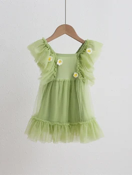 Verão Verde Malha Sem Mangas Vestido De Bebê Babados, Vestidos De Fadas